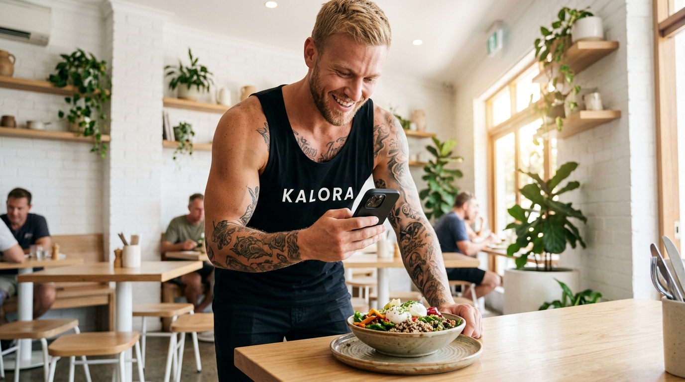 Homem usando um aplicativo de nutrição no celular para registrar uma refeição